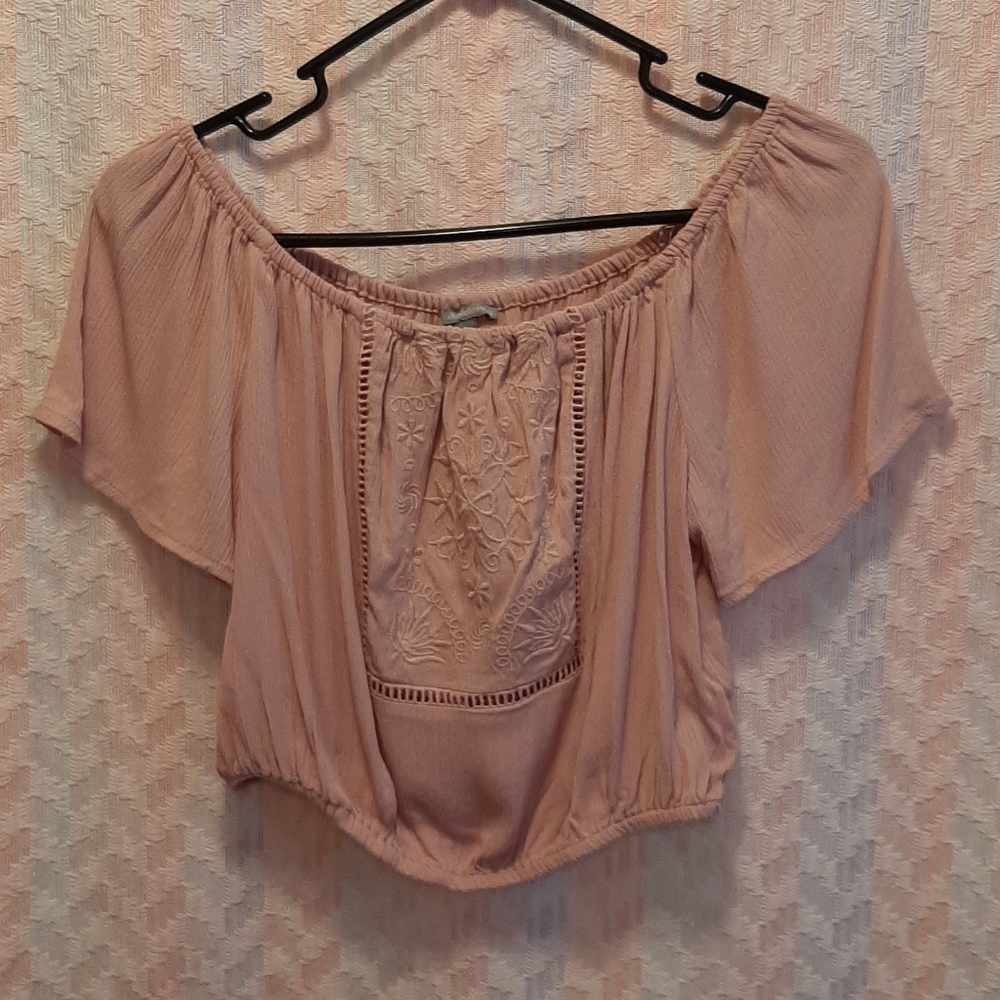 Dusty Rose Star and Floral Embroidered Off Shoulder Cropped Festival Top